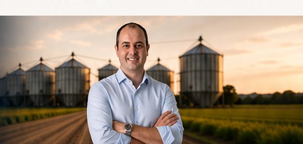 Guilherme Cavalcante em campo do agronegócio ao entardecer